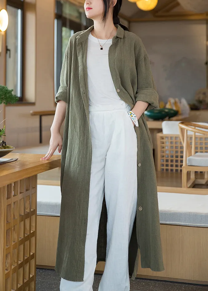 Army Green Pockets Patchwork Linen Shirts Long Coats Peter Pan Collar Fall ML2357
