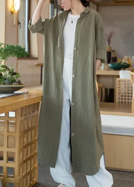 Army Green Pockets Patchwork Linen Shirts Long Coats Peter Pan Collar Fall ML2357