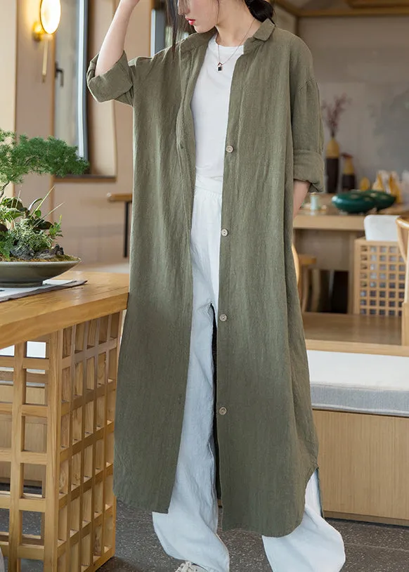Army Green Pockets Patchwork Linen Shirts Long Coats Peter Pan Collar Fall ML2357