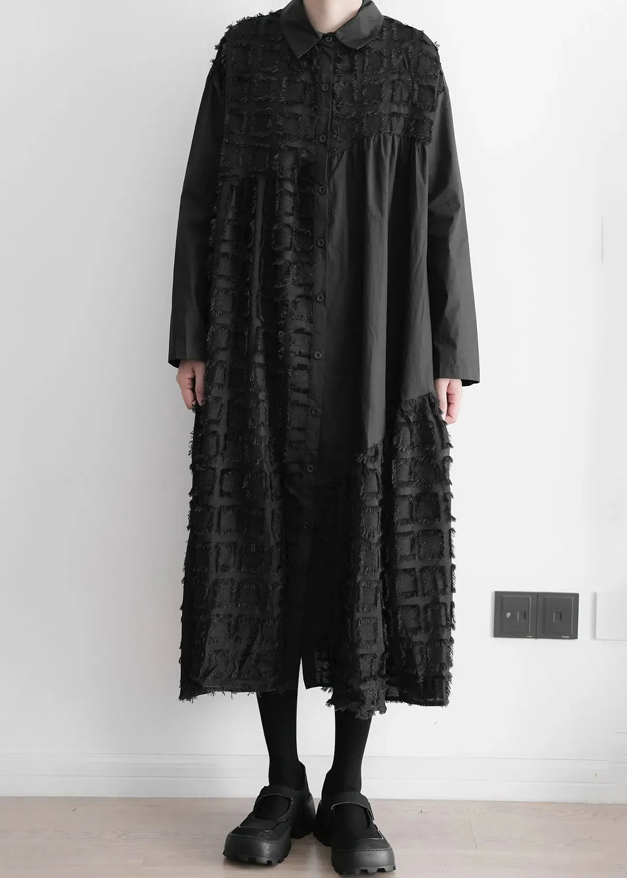 Art Black Patchwork Wrinkled Maxi Shirts Dresses Long Sleeve ML1290