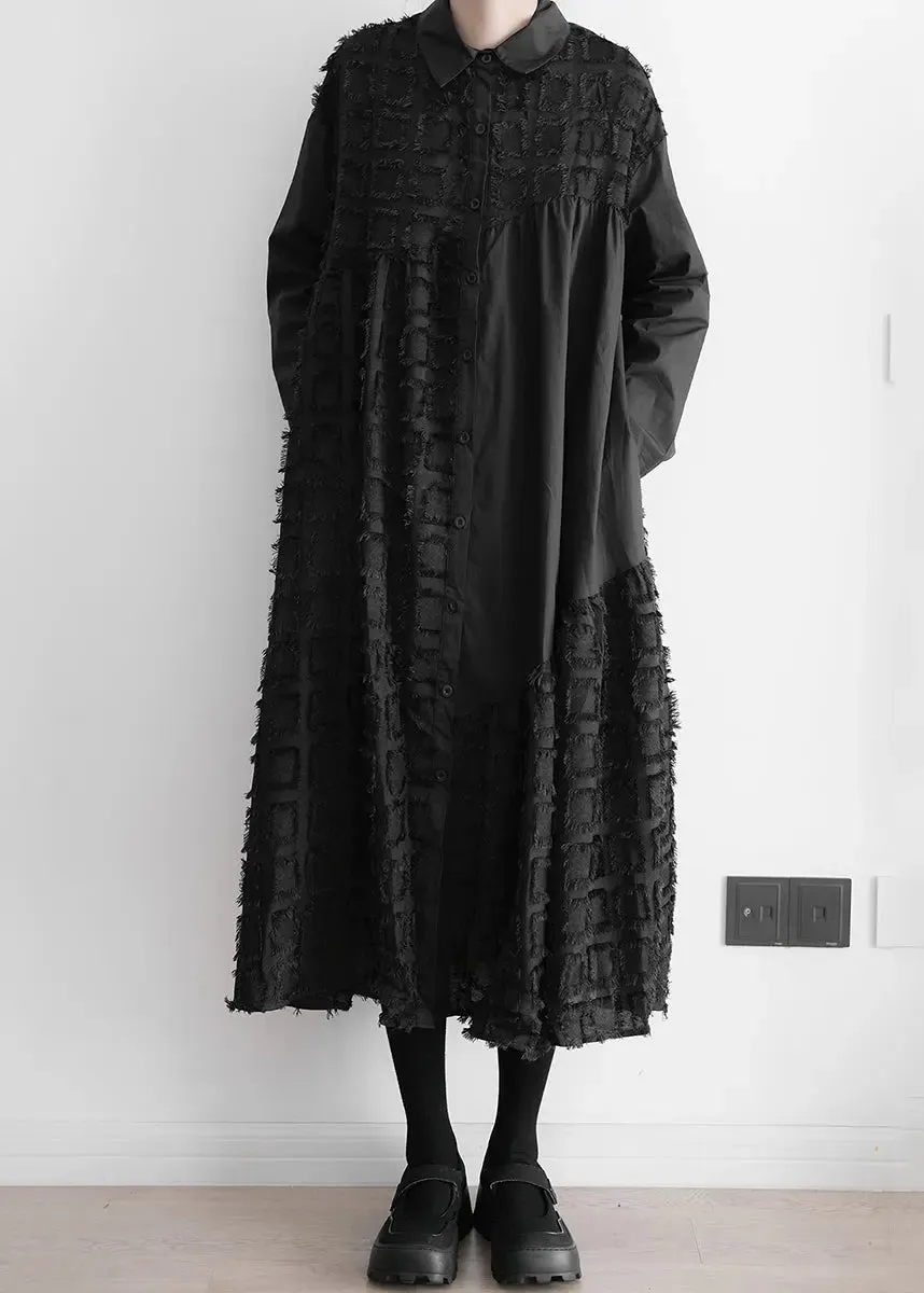 Art Black Patchwork Wrinkled Maxi Shirts Dresses Long Sleeve ML1290
