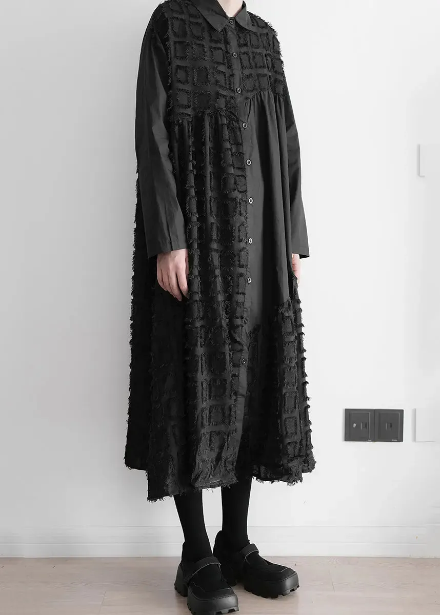 Art Black Patchwork Wrinkled Maxi Shirts Dresses Long Sleeve ML1290