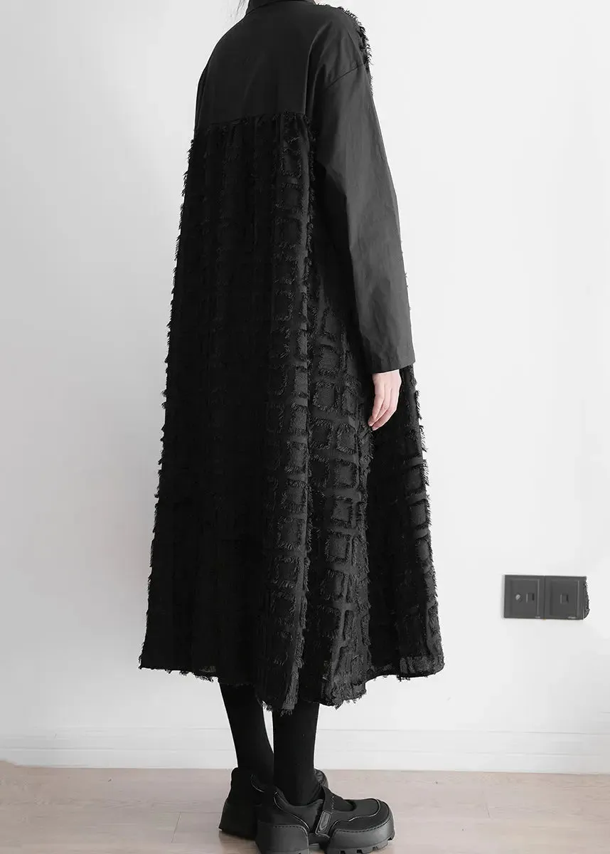 Art Black Patchwork Wrinkled Maxi Shirts Dresses Long Sleeve ML1290