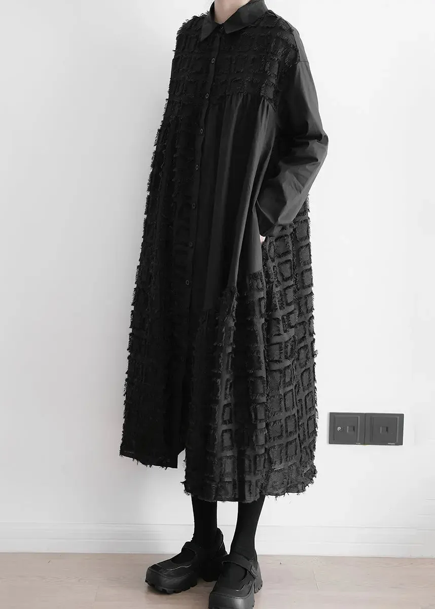 Art Black Patchwork Wrinkled Maxi Shirts Dresses Long Sleeve ML1290