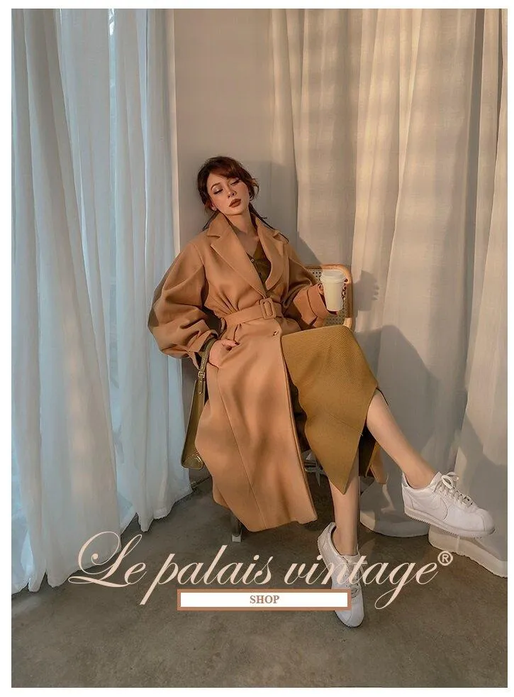 Autumn winter elegant camel lantern sleeve woolen wide long coat - Biou