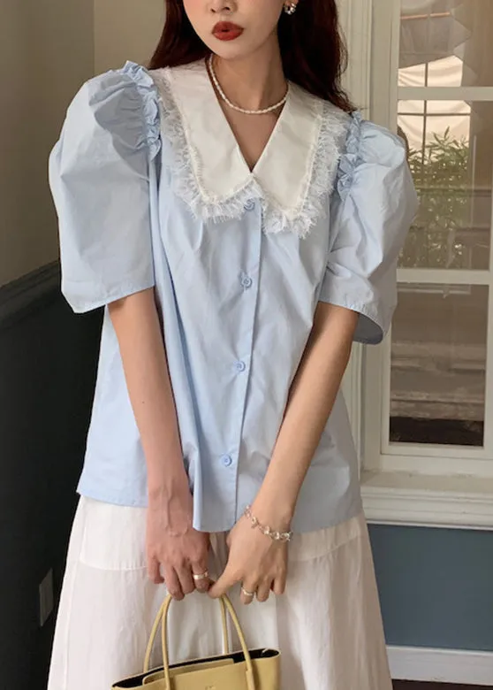 Blue Button Cotton Shirts Puff Sleeve LY2645