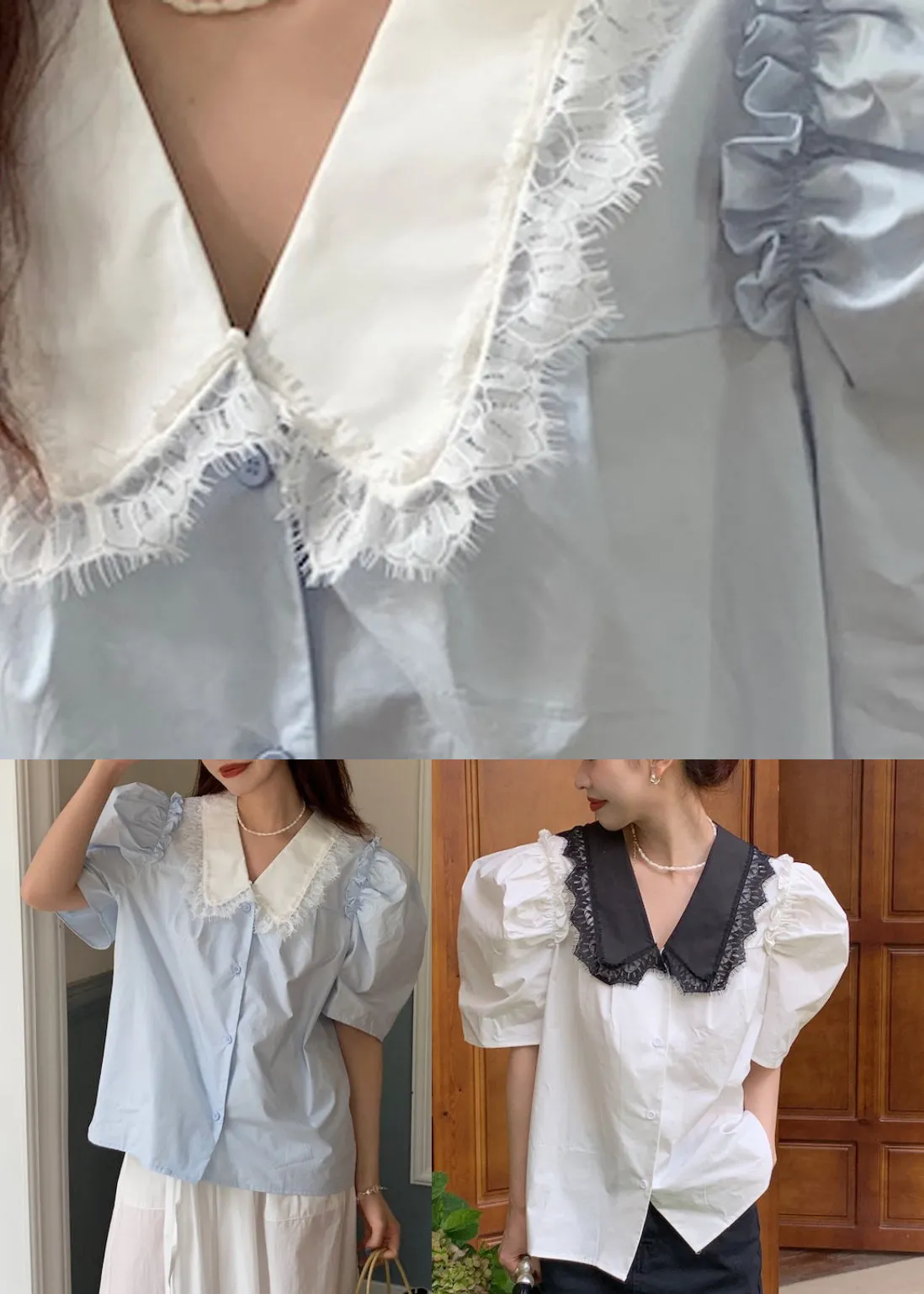 Blue Button Cotton Shirts Puff Sleeve LY2645