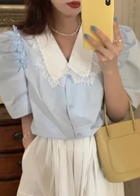 Blue Button Cotton Shirts Puff Sleeve LY2645