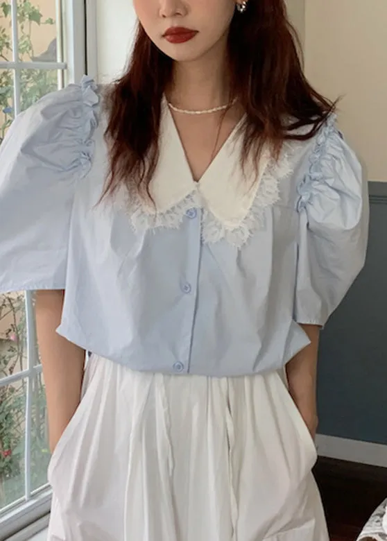 Blue Button Cotton Shirts Puff Sleeve LY2645