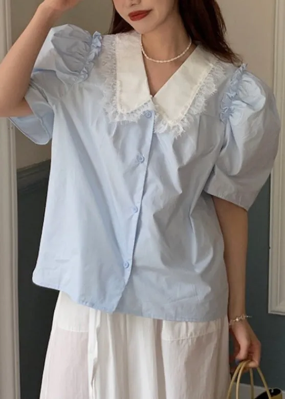 Blue Button Cotton Shirts Puff Sleeve LY2645