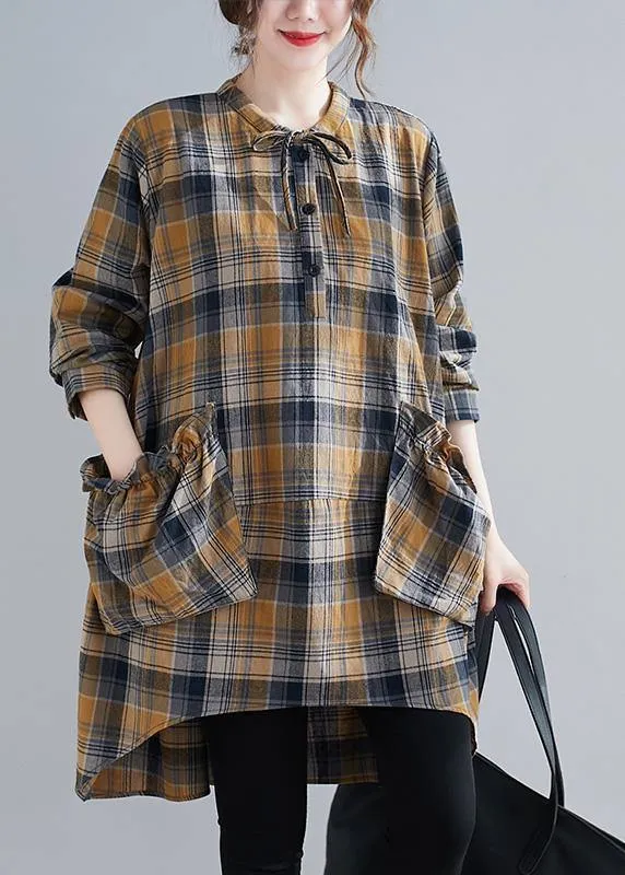 Bohemian Plaid Shirts O-Neck Asymmetric Plus Size Clothing Spring Top