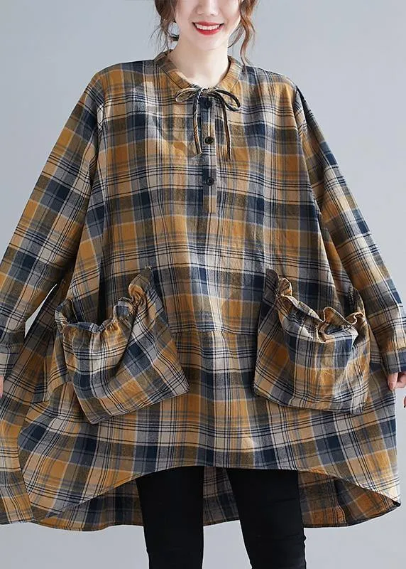 Bohemian Plaid Shirts O-Neck Asymmetric Plus Size Clothing Spring Top