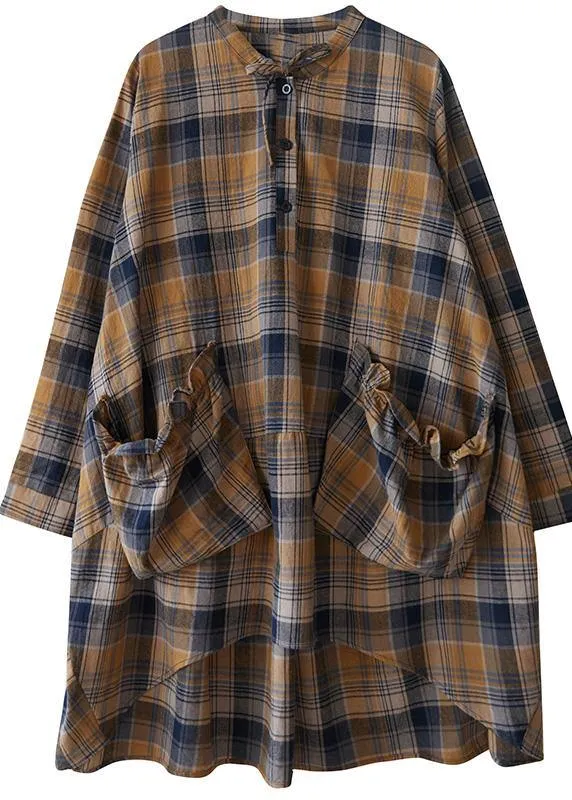 Bohemian Plaid Shirts O-Neck Asymmetric Plus Size Clothing Spring Top