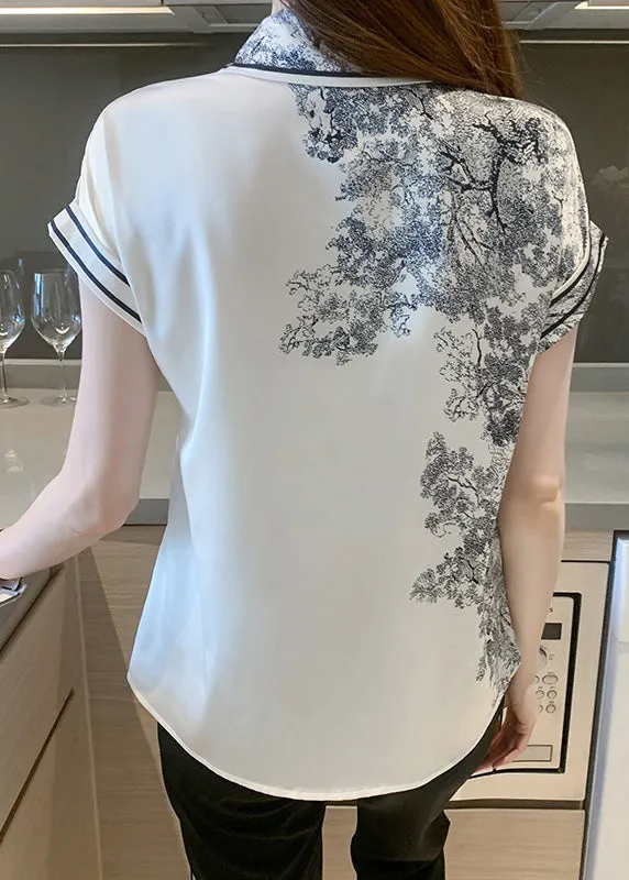 Casual Peter Pan Collar Print Bow Silk Shirts Summer LY0388