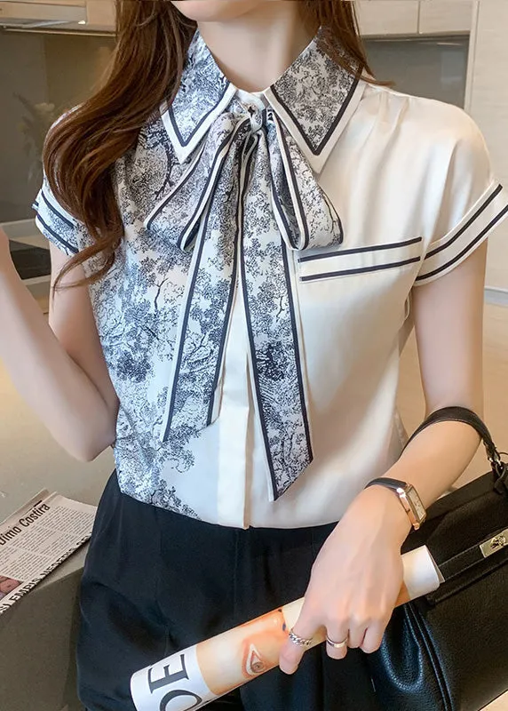 Casual Peter Pan Collar Print Bow Silk Shirts Summer LY0388