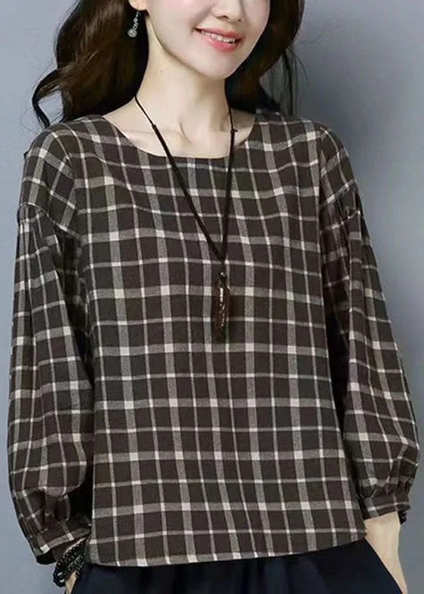 Casual Plaid O Neck Patchwork Cotton T Shirts Tops Long Sleeve LY6708