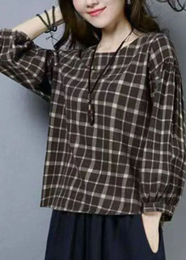 Casual Plaid O Neck Patchwork Cotton T Shirts Tops Long Sleeve LY6708