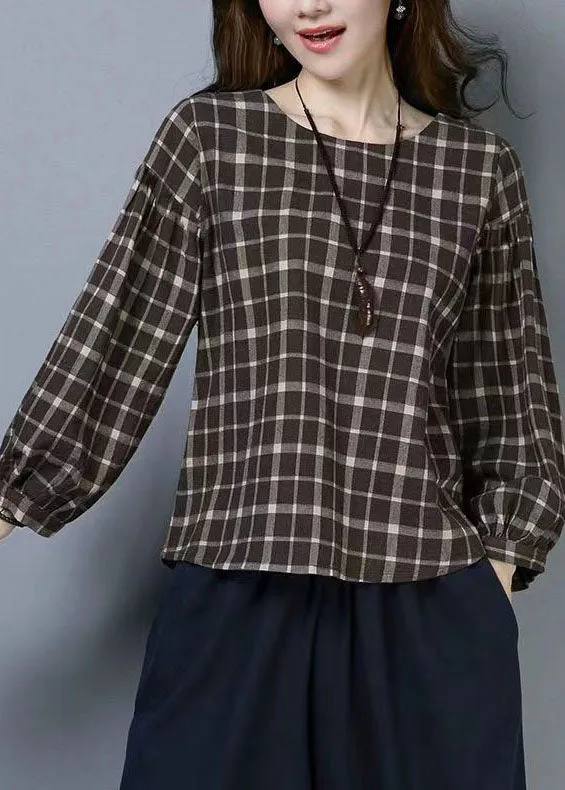 Casual Plaid O Neck Patchwork Cotton T Shirts Tops Long Sleeve LY6708