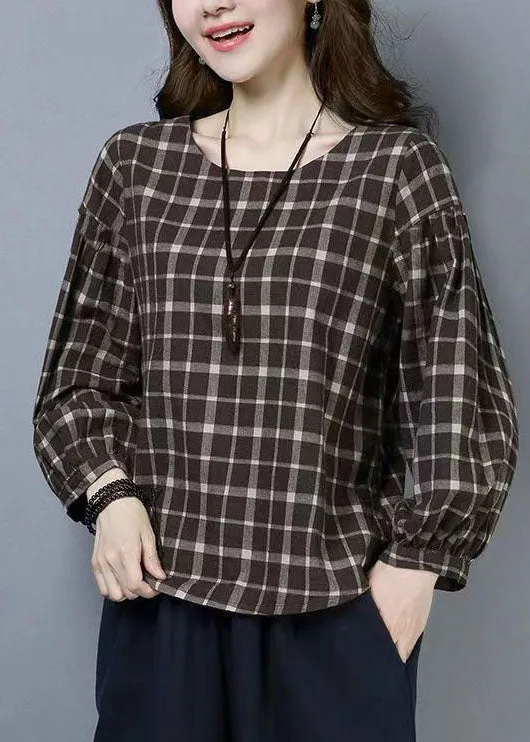 Casual Plaid O Neck Patchwork Cotton T Shirts Tops Long Sleeve LY6708
