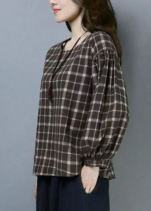 Casual Plaid O Neck Patchwork Cotton T Shirts Tops Long Sleeve LY6708