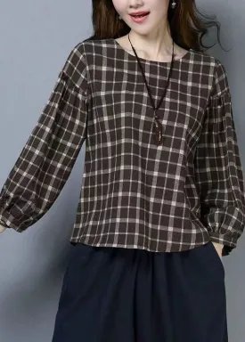 Casual Plaid O Neck Patchwork Cotton T Shirts Tops Long Sleeve LY6708