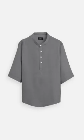 Charcoal Grey Plain Regular Wear Pure Linen Kurta Style Shirt - AddysForMen