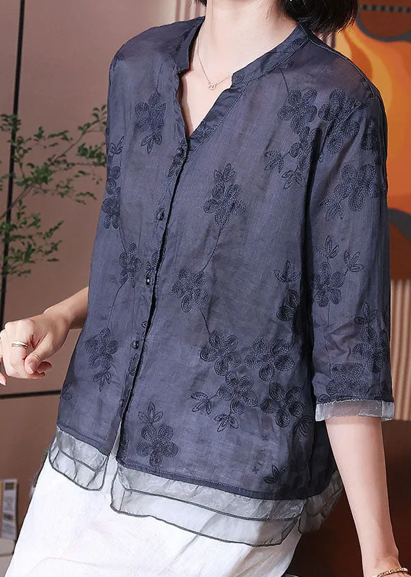 Chinese Style Navy Embroideried Patchwork Linen Shirts Bracelet Sleeve LY7160