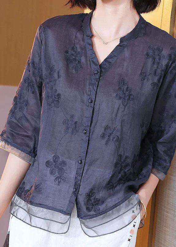 Chinese Style Navy Embroideried Patchwork Linen Shirts Bracelet Sleeve LY7160