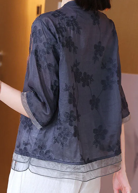 Chinese Style Navy Embroideried Patchwork Linen Shirts Bracelet Sleeve LY7160