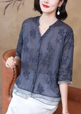 Chinese Style Navy Embroideried Patchwork Linen Shirts Bracelet Sleeve LY7160