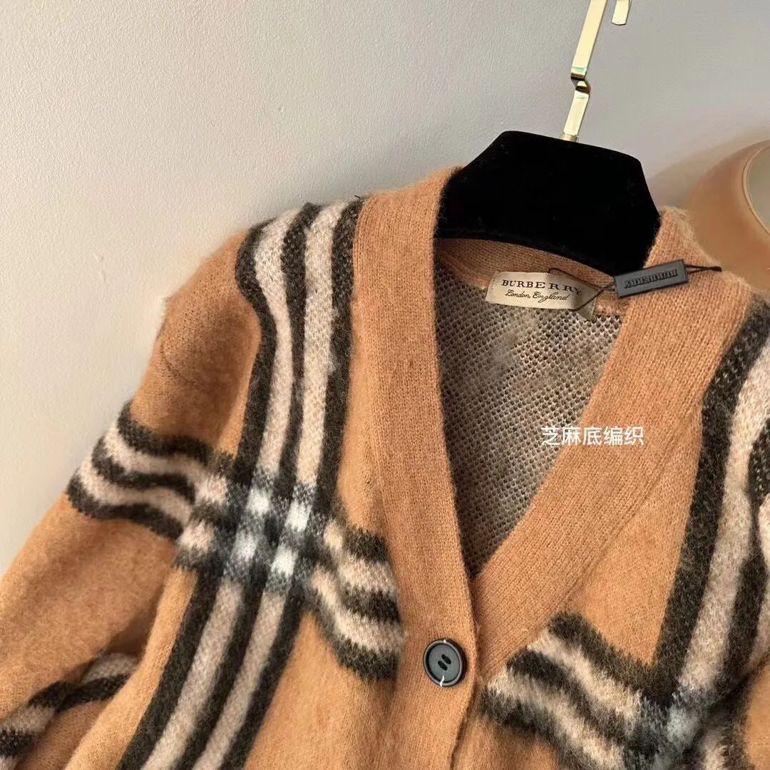 CLTH356 Check Mohair Wool Blend Cardigan / SizeS/M/L