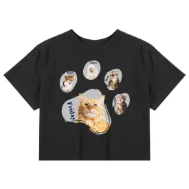 CORIRESHA Women's Cute Cat Dog Paws Crew Neck Short Sleeve Crop T-Shirt