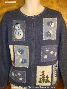 Cute Blue Xmas Sweater with Snowmen Patches