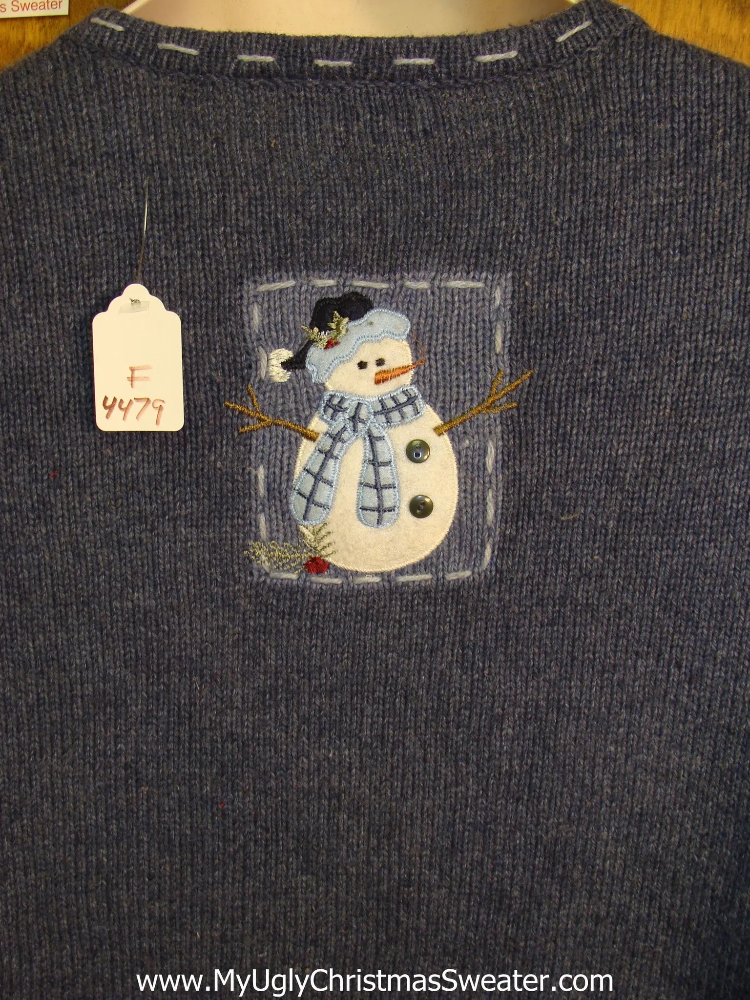 Cute Blue Xmas Sweater with Snowmen Patches