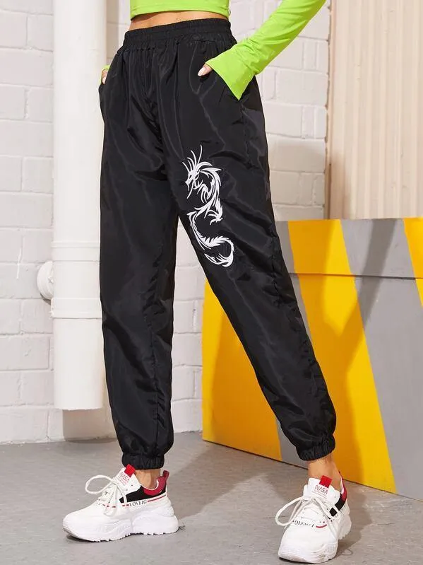 Dragon Embroidery Elastic Waist Windbreaker Pants