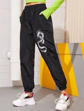 Dragon Embroidery Elastic Waist Windbreaker Pants