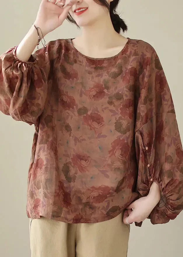 Dull Red Print Cotton Shirts Oversized Lantern Sleeve LY8639
