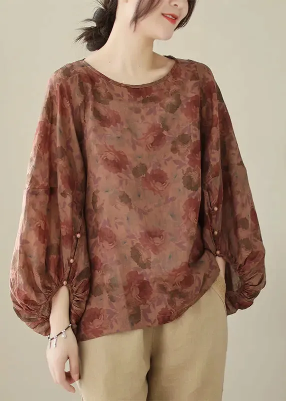 Dull Red Print Cotton Shirts Oversized Lantern Sleeve LY8639