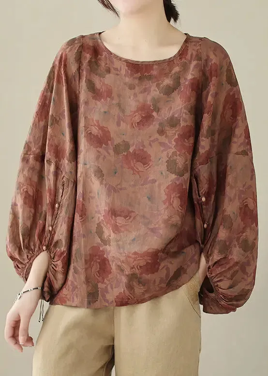 Dull Red Print Cotton Shirts Oversized Lantern Sleeve LY8639