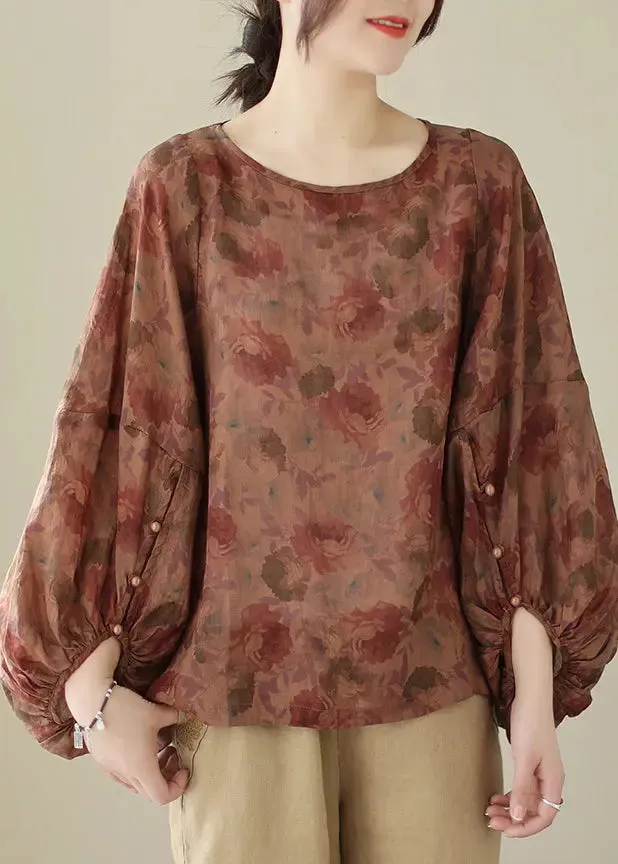 Dull Red Print Cotton Shirts Oversized Lantern Sleeve LY8639