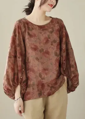 Dull Red Print Cotton Shirts Oversized Lantern Sleeve LY8639