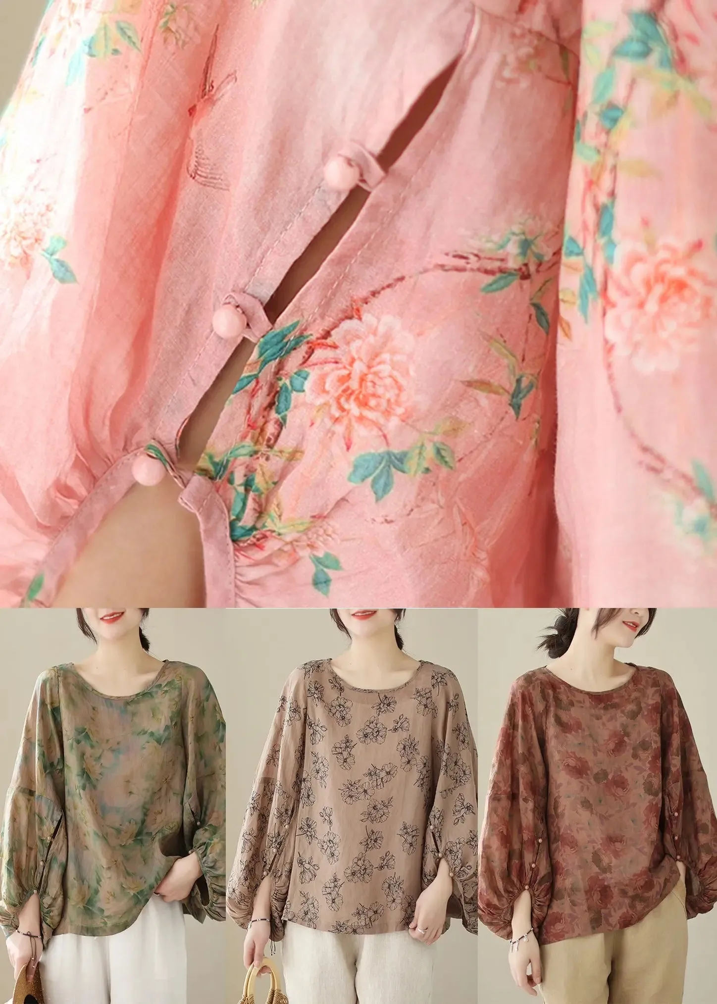 Dull Red Print Cotton Shirts Oversized Lantern Sleeve LY8639