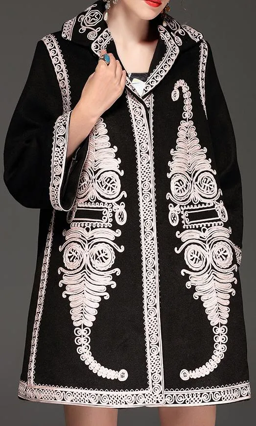 Embroidered Jacquard Coat, Black