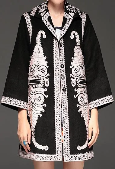 Embroidered Jacquard Coat, Black