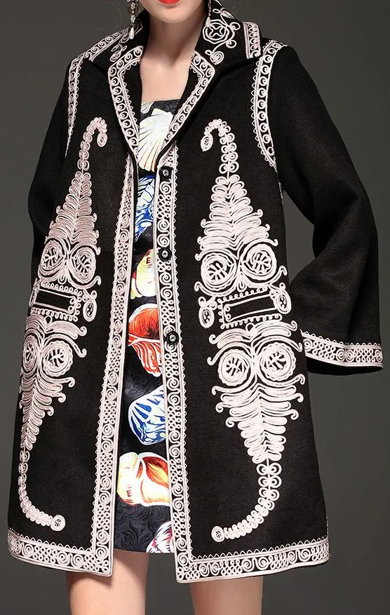 Embroidered Jacquard Coat, Black