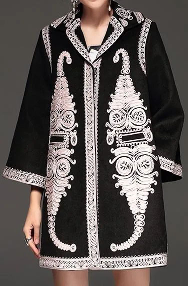 Embroidered Jacquard Coat, Black