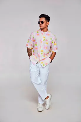 Enchanting Blossoms Printed Pure Linen Short Sleeve Unisex Shirt