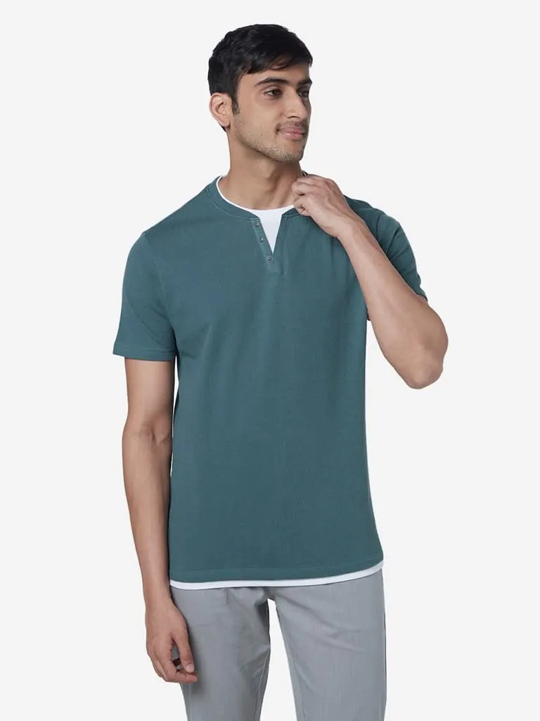 ETA Teal Slim-Fit Knit Textured Shirt