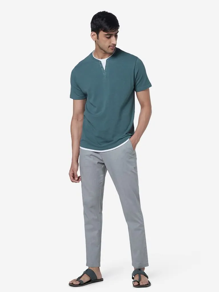 ETA Teal Slim-Fit Knit Textured Shirt