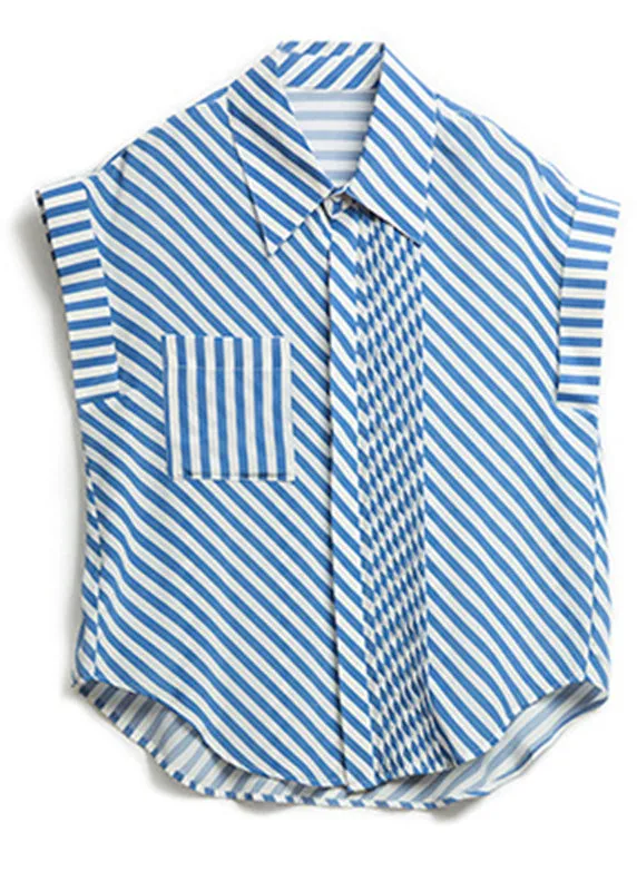 Fashion Blue Peter Pan Collar Striped Button Low High Design Silk Shirts  Summer LY0365
